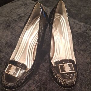 Coach Black Patent Leather Heels With Name Plate On Toes
